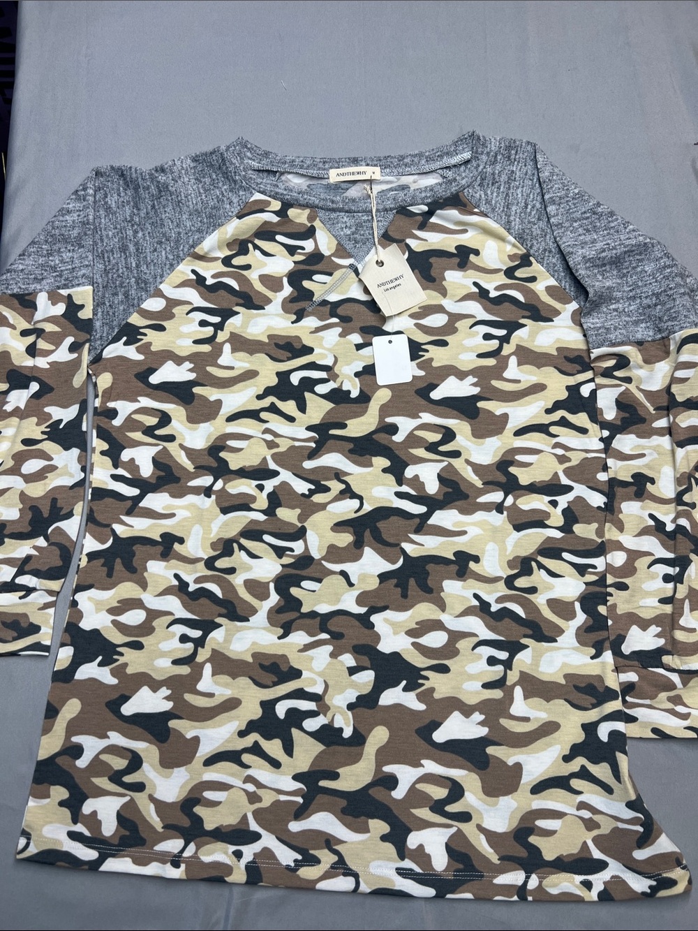 Long Sleeve Camo Raglan Tee - Gray & Brown